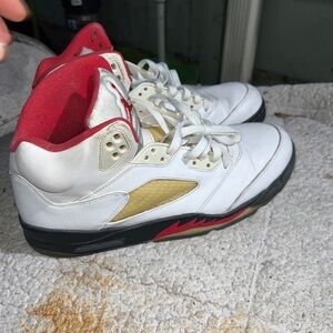 Air Jordan 5 White and Red High-Top Sneakers